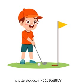 Happy Little Boy Playing Golf on a Sunny Day Illustration with Joyful Expression and Orange Hat