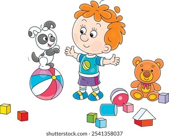 Happy little boy playing with his small cheerful puppy balancing on a colorful striped ball among scattered toys in a nursery, vector cartoon illustration on a white background