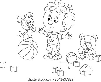 Happy little boy playing with his small cheerful puppy balancing on a striped ball among scattered toys in a nursery, black and white outline vector cartoon illustration for a coloring book page