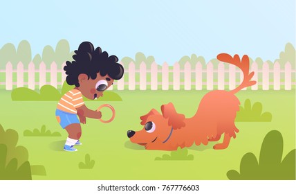 Happy little boy playing with his dog outside. Cute cartoon vector characters.