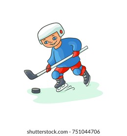 Happy little boy playing hockey in blue and red uniform, winter activity, flat cartoon vector illustration isolated on white background. Flat cartoon little boy playing hockey with puck and pole