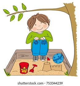 Happy little boy playing on the sandpit, building sandcastle - original hand drawn illustration
