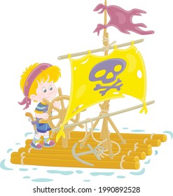 Happy little boy playing pirate on a raft with a sail with Jolly Roger and a toy steering wheel on a small lake on summer vacation, vector cartoon illustration isolated on a white background