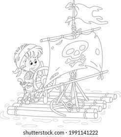 Happy little boy playing pirate on a raft with a sail with Jolly Roger and a toy steering wheel on a small lake on summer vacation, black and white vector cartoon illustration for a coloring book