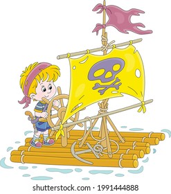 Happy little boy playing pirate on a raft with a sail with Jolly Roger and a toy steering wheel on a small lake on summer vacation, vector cartoon illustration isolated on a white background