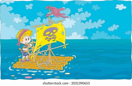 Happy little boy playing pirate on a raft with a sail with Jolly Roger and a steering wheel on an exciting adventure journey on summer vacation, vector cartoon illustration
