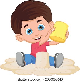 happy little boy playing sand cartoon
