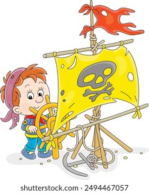 Happy little boy playing sea pirate with a sail with Jolly Roger and a toy wooden steering wheel, vector cartoon illustration isolated on a white background