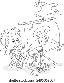 Happy little boy playing sea pirate with a sail with Jolly Roger and a toy wooden steering wheel, black and white outline vector cartoon illustration for a coloring book page