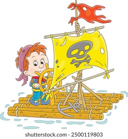 Happy little boy playing sea pirate with a sail with Jolly Roger and a toy wooden steering wheel, vector cartoon illustration isolated on a white background