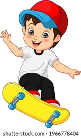 Happy little boy playing skateboard