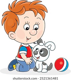 Happy little boy playing with a small puppy, vector cartoon illustration on a white background