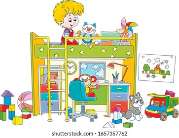 Happy little boy playing with toys in his playroom with a funny bed and a table with a computer and a lamp, vector cartoon illustration on a white background