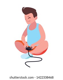happy little boy playing video game character