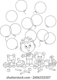 Happy little boy preschooler with flying holiday balloons and funny toys, black and white outline vector illustration for a coloring book