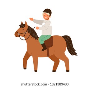 Happy little boy in protective helmet ride on horseback vector flat illustration. Smiling male child horseman practicing equestrian isolated on white. Cute kid riding on pony enjoying training