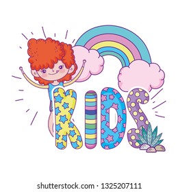happy little boy with rainbow in the clouds