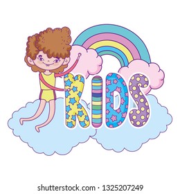 happy little boy with rainbow in the clouds