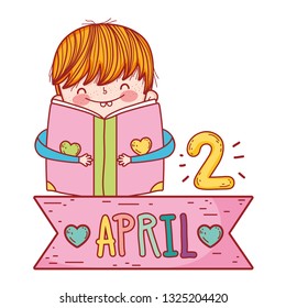 happy little boy reading book with frame ribbon