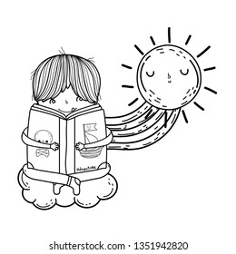 happy little boy reading book with rainbow