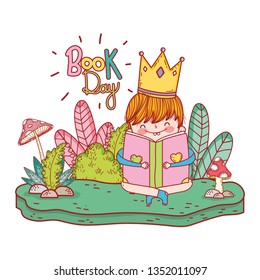 happy little boy reading book in the landscape