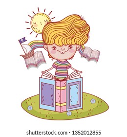 happy little boy reading book in the landscape