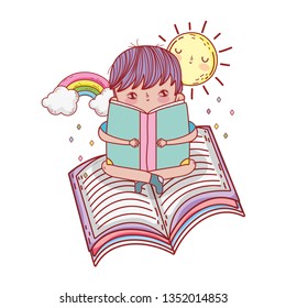 happy little boy reading book with rainbow