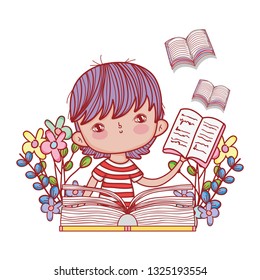 happy little boy reading books