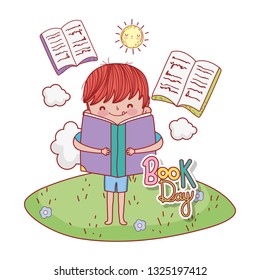 happy little boy reading books in the camp