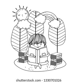 happy little boy reading books in the camp