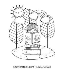 happy little boy reading books in the camp