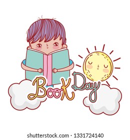 happy little boy reading books with clouds