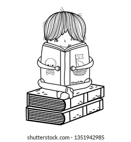 happy little boy reading books