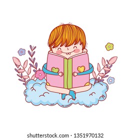 happy little boy reading books with clouds