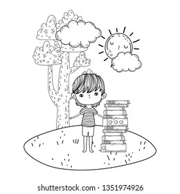happy little boy reading books in the camp
