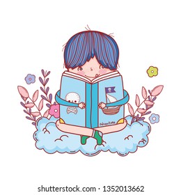happy little boy reading books with clouds