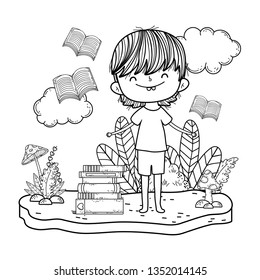 happy little boy reading books in the camp