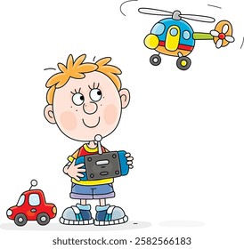 Happy little boy with a remote controller steering a flying toy helicopter, vector cartoon illustration on a white background