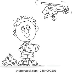 Happy little boy with a remote controller steering a flying toy helicopter, black and white outline vector cartoon illustration for a coloring book