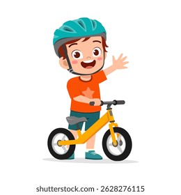 Happy Little Boy Riding Balance Bike and Waving with Helmet on Head Illustration