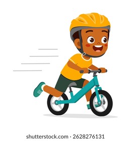 Happy Little Boy Riding Balance Bike with Helmet, Smiling and Enjoying Outdoor Activity, Kid's Illustration
