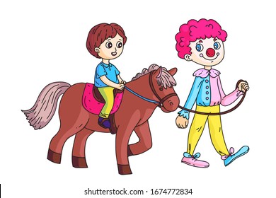 Happy little boy riding horse led by circus clown with red nose and colorful costume. Cute animal in harness. Equestrian sport. Recreation in amusement park. Vector illustration isolated on white
