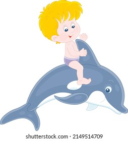 Happy little boy riding a merry playful dolphin in a dolphinarium on summer vacation, vector cartoon illustration isolated on a white background