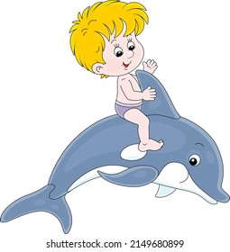 Happy little boy riding a merry playful dolphin in a dolphinarium on summer vacation, vector cartoon illustration isolated on a white background