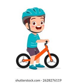 Happy Little Boy Riding Orange Balance Bike with Helmet and Blue Shirt Cartoon Illustration