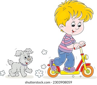 Happy little boy riding a toy scooter and playing with his merry small puppy on a playground in a park on summer vacation, vector cartoon illustration isolated on white