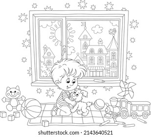 Happy little boy romping and playing with his merry puppy among toys in a nursery room with a pretty small town outside a window, black and white outline vector cartoon illustration