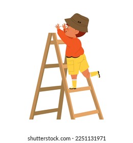 Happy Little Boy in Rubber Boots on Wooden Ladder Reaching Up Engaged in Harvesting Season Vector Illustration