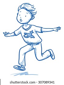 Happy little boy running around playing airplane. Hand drawn cartoon doodle vector illustration.