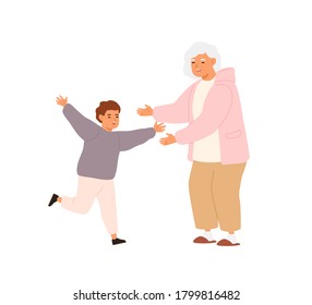 Happy little boy running to hug glad to visit smiling grandmother vector flat illustration. Joyful relatives enjoying meeting having positive emotion isolated. Cute family spending time together